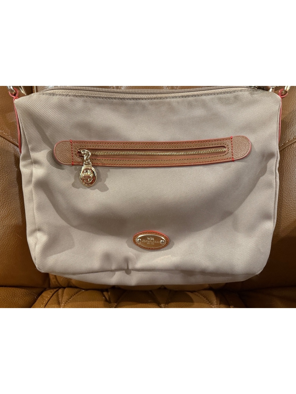 Coach Nylon Crossbody Messenger Bag Beige Taupe Leather Trim Adjustable Strap